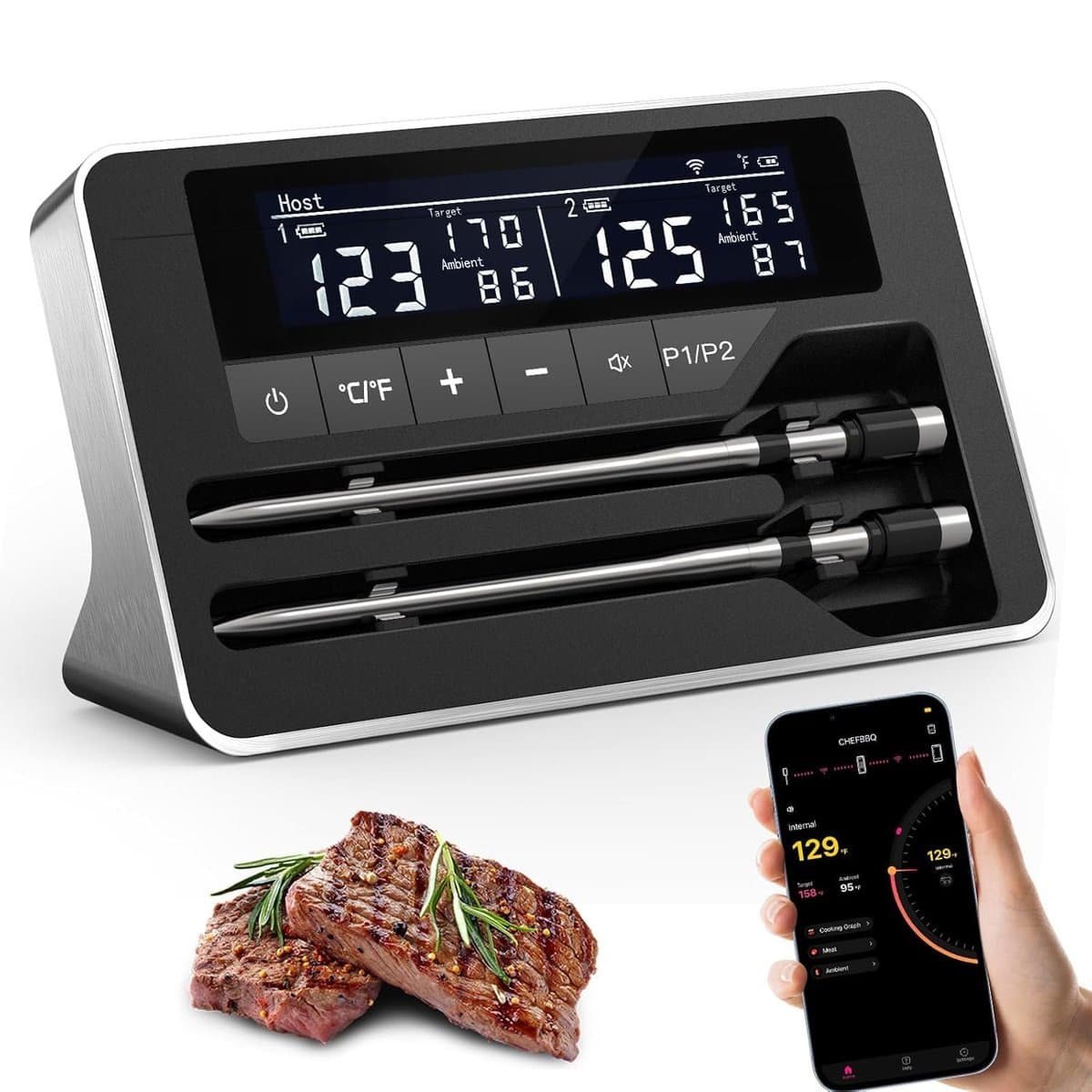 GE Smart Probe wireless meat thermometer with smartphone app displaying AI cooking guidance