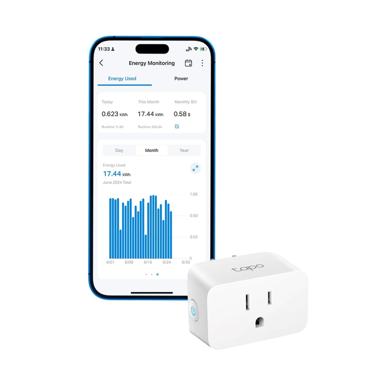 TP-Link Tapo P115 smart plug connected to kitchen appliances with energy monitoring display
