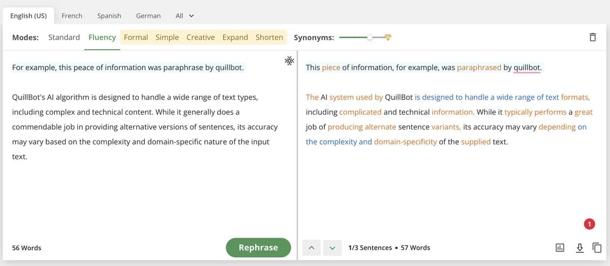 QuillBot paraphrasing interface with multiple rewriting modes and citation generator features