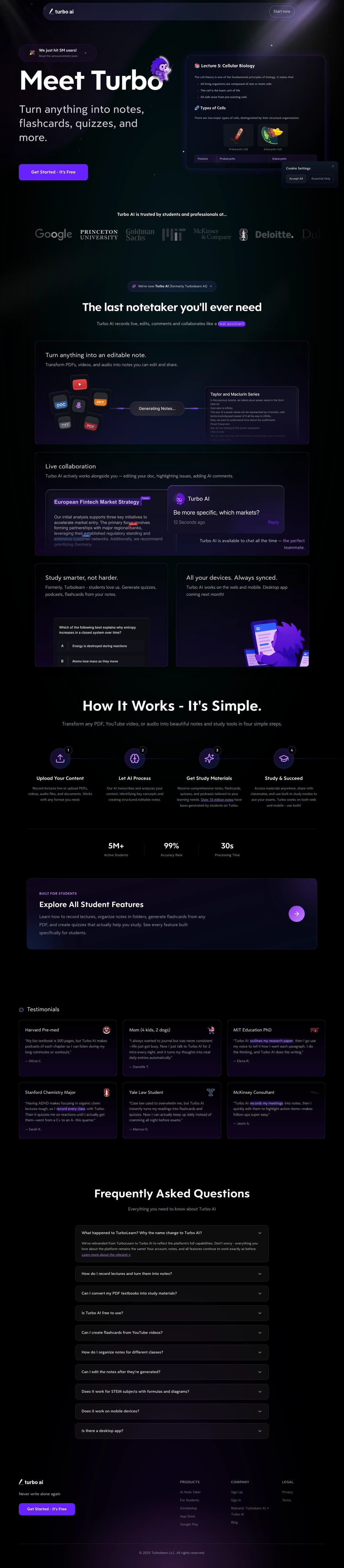Turbo AI showing note generation interface with study materials converted to flashcards and summaries