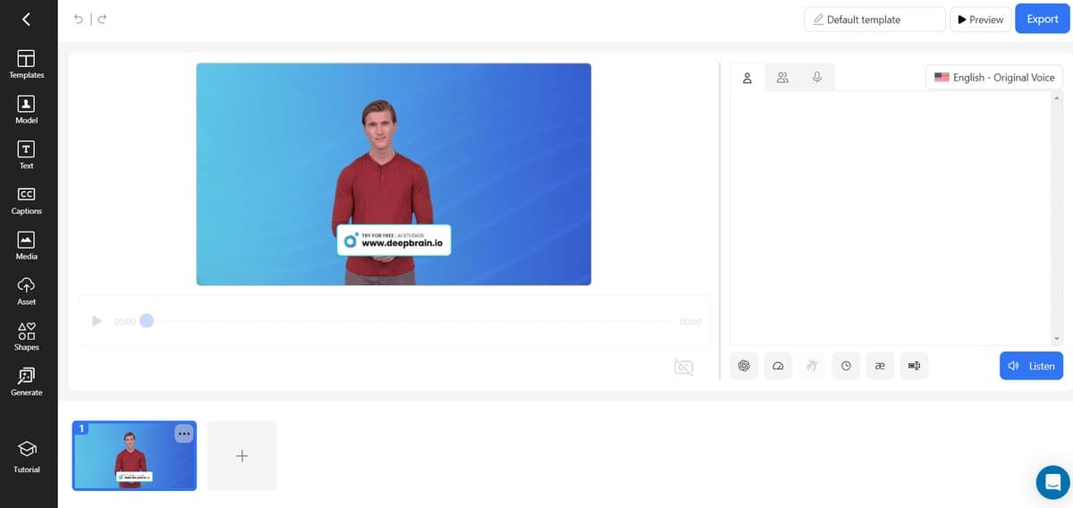 DeepBrain AI studio interface showing AI presenter creation and business communication tools
