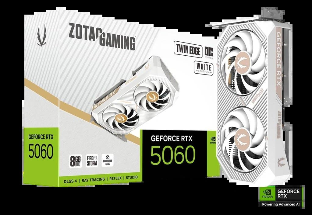 Gaming graphics cards on white background showing RTX 5060 Ti and RX 9060 XT models