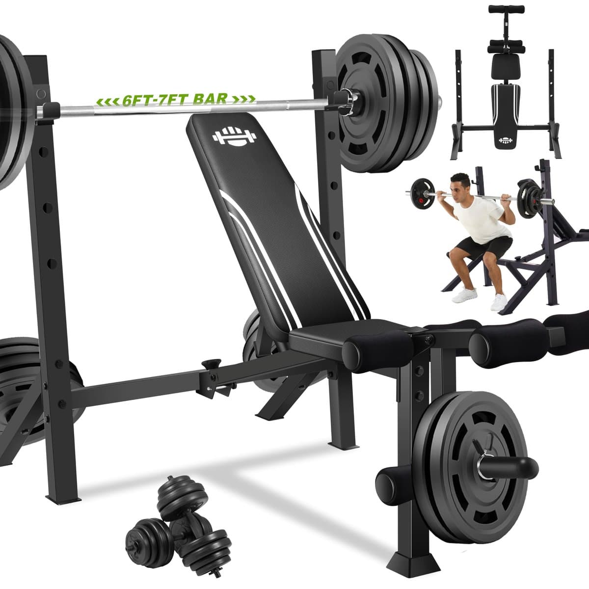 Marcy squat rack showing Olympic barbell compatibility and adjustable features