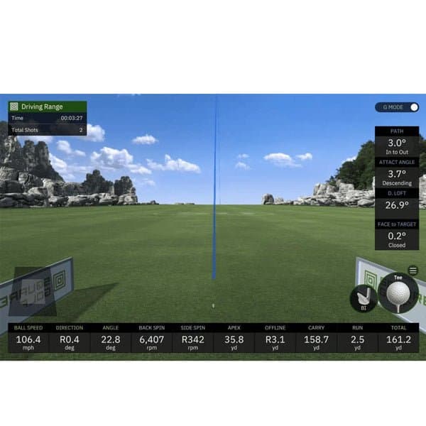 Square Omni launch monitor in compact design with golfer practicing indoors using projection screen