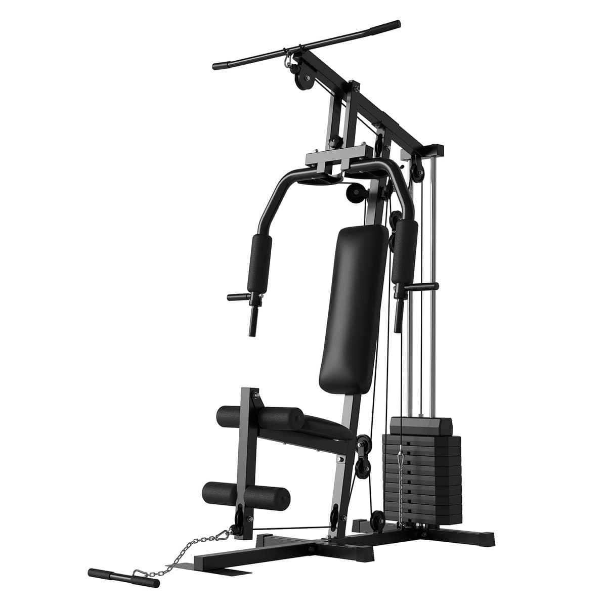 Compact multi-station cable machine with adjustable pulleys and weight stack