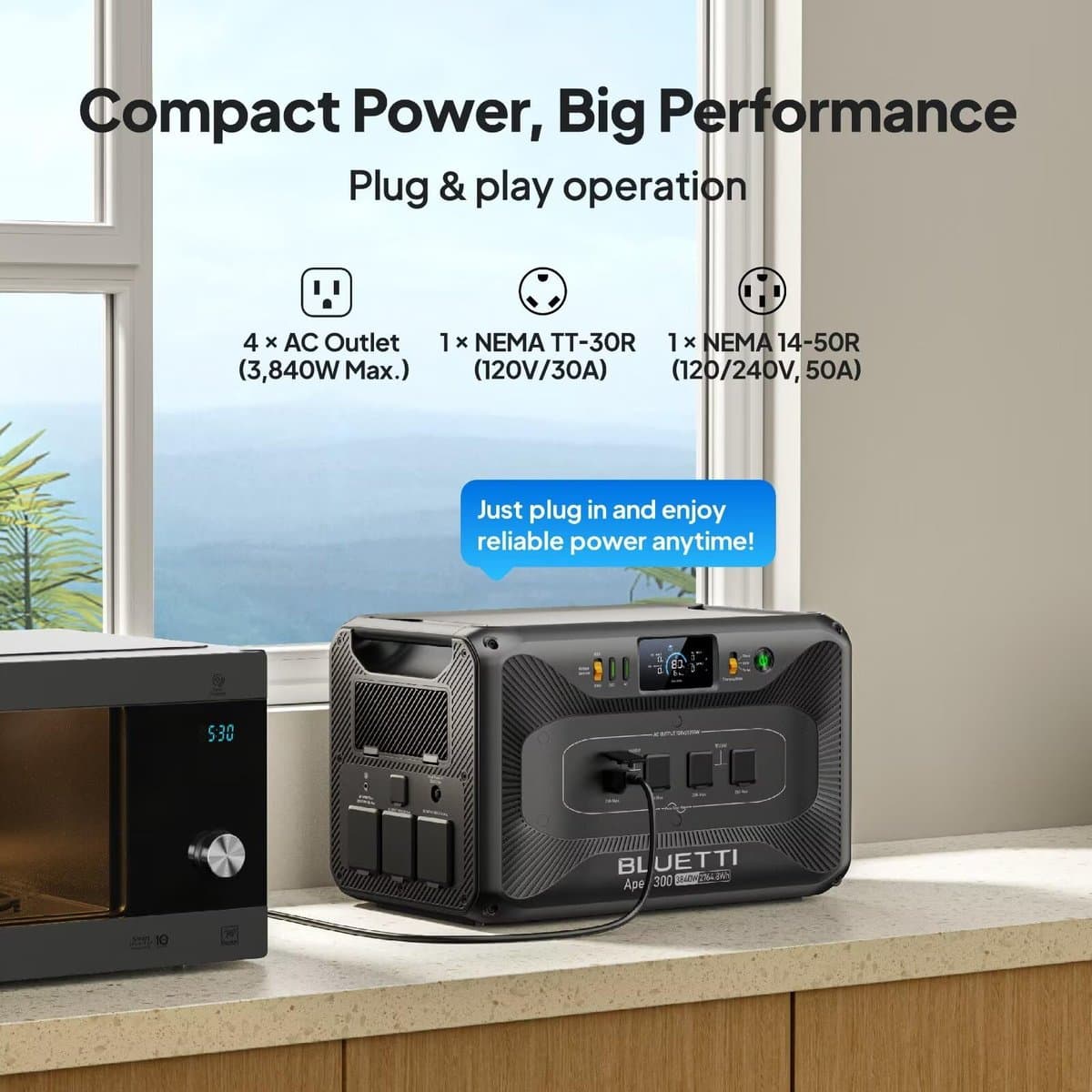 Bluetti Apex 300 in home setting demonstrating backup power capabilities