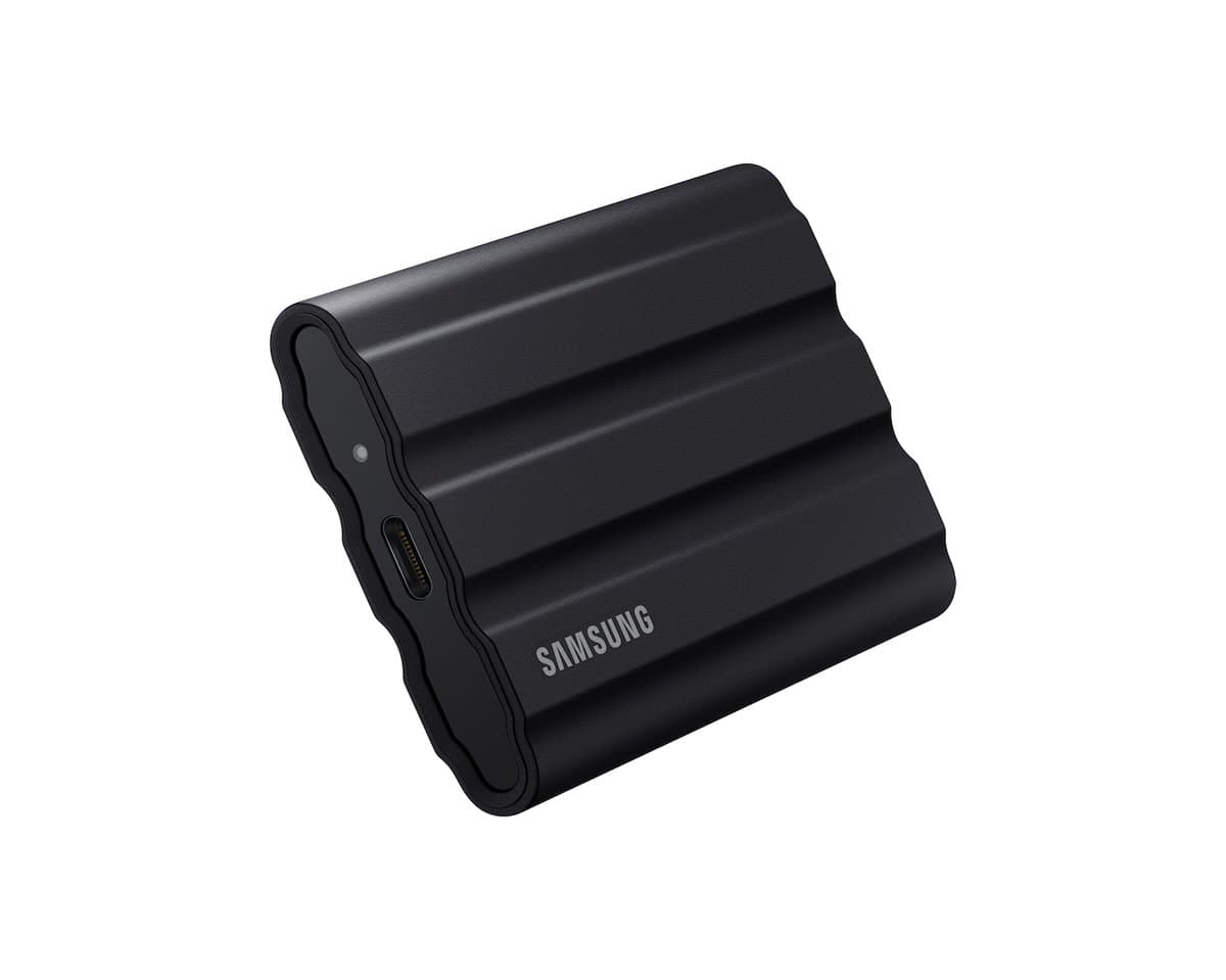 Samsung T7 Shield portable SSD with rugged design and USB-C cable