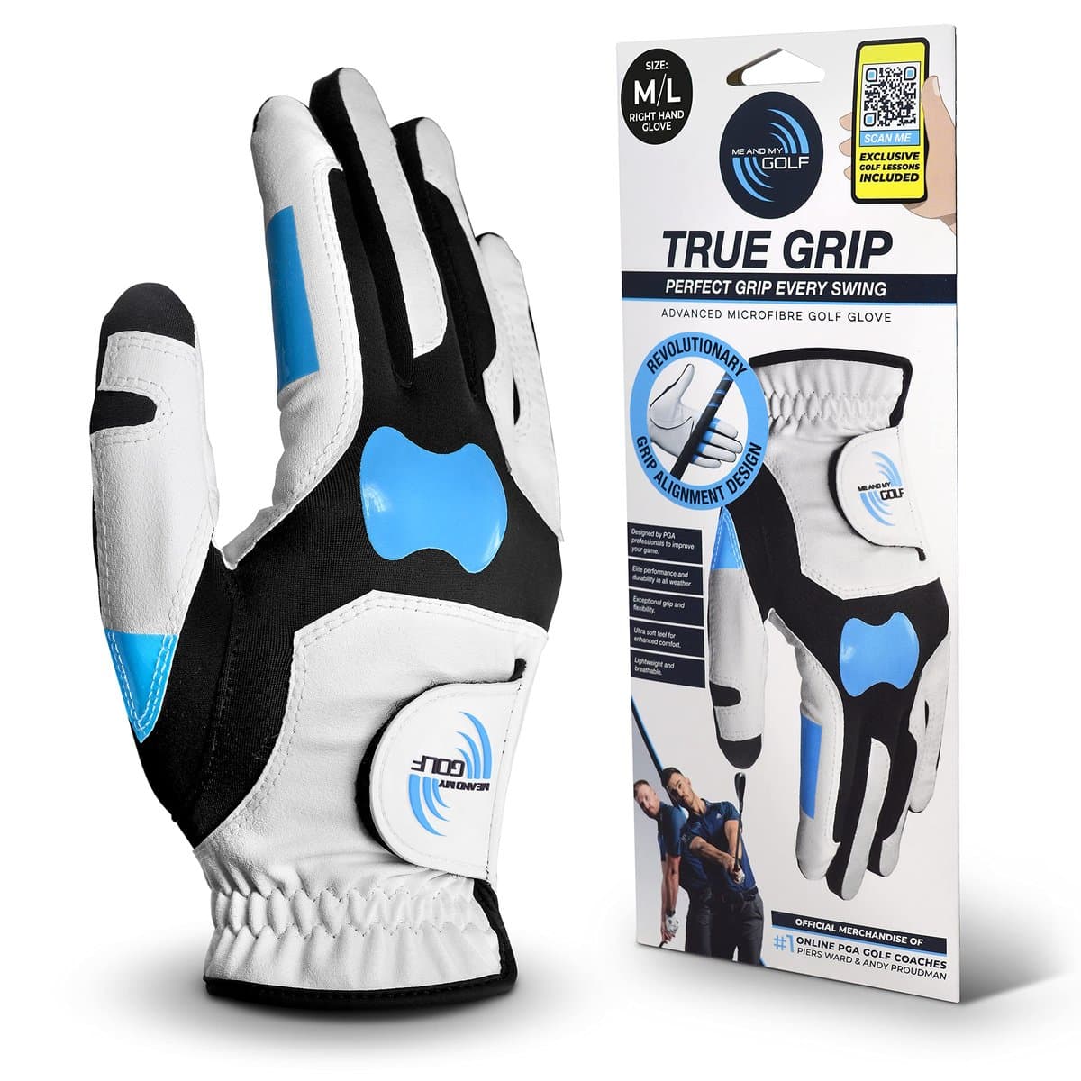 ME AND MY GOLF grip trainer device showing proper hand positioning guide with QR code for training videos
