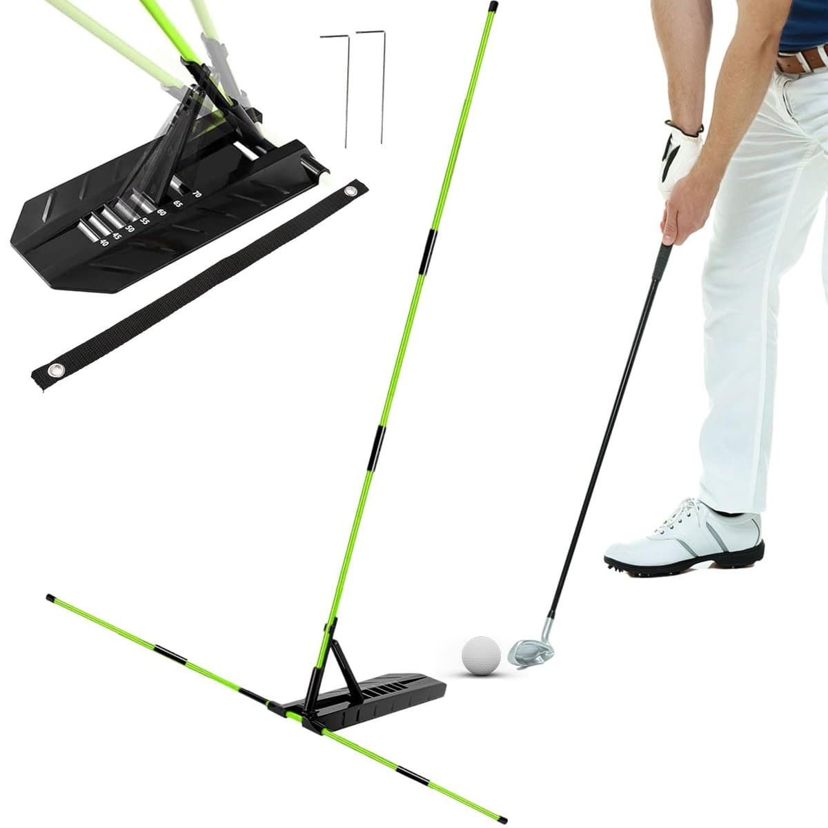 PlaneMate swing plane trainer showing adjustable guides that maintain proper swing plane throughout the motion