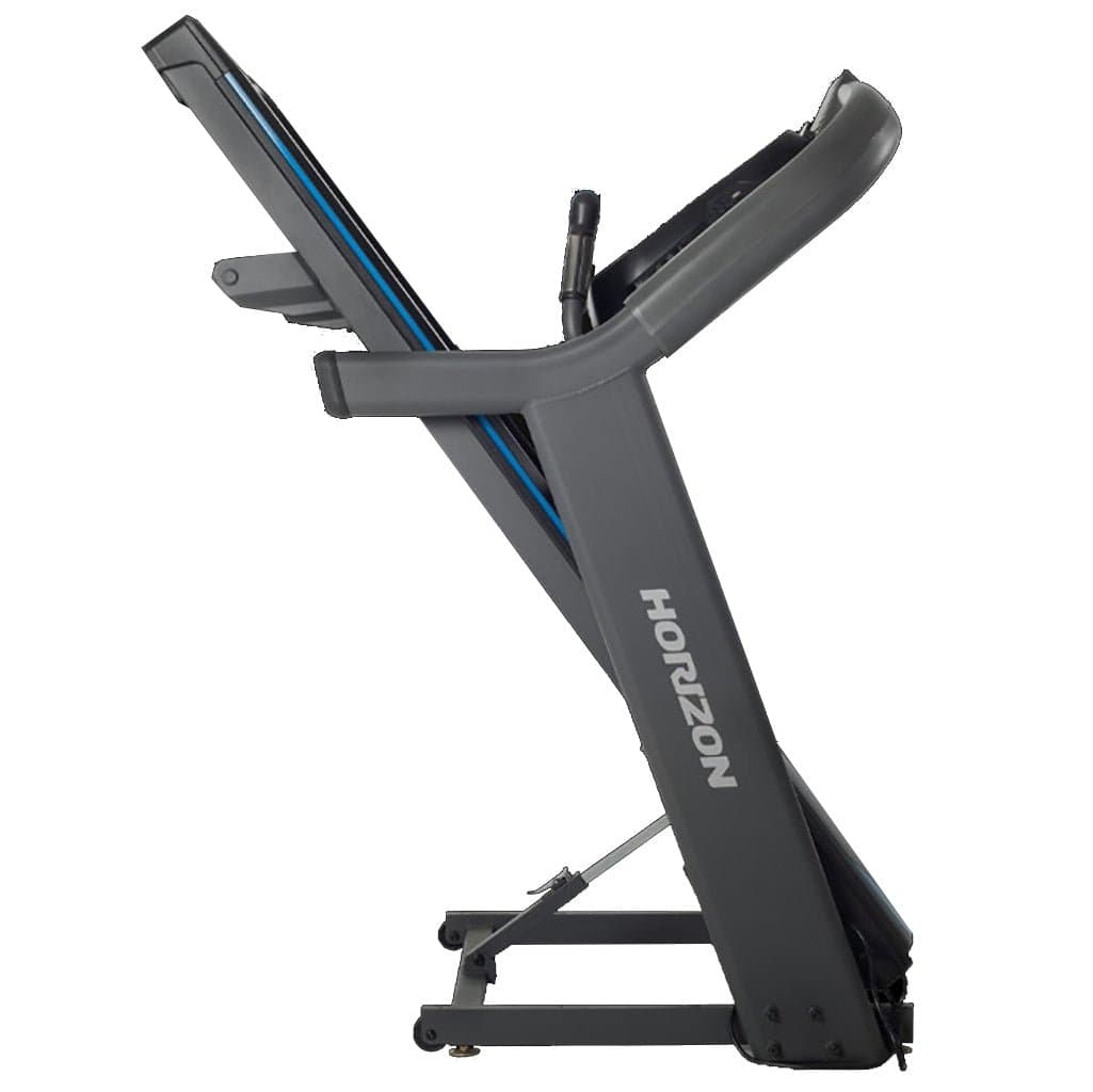 Horizon Fitness 7.0 AT treadmill in folded position showing space-saving design