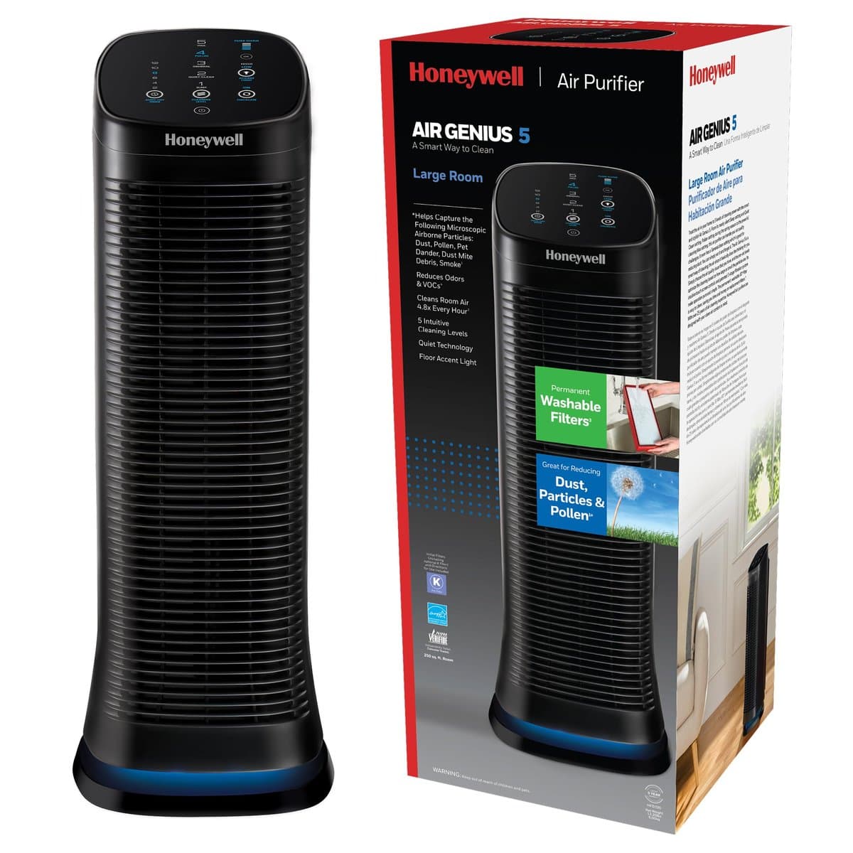 Honeywell AirGenius 5 showing washable filter design and quiet operation features with permanent filtration system