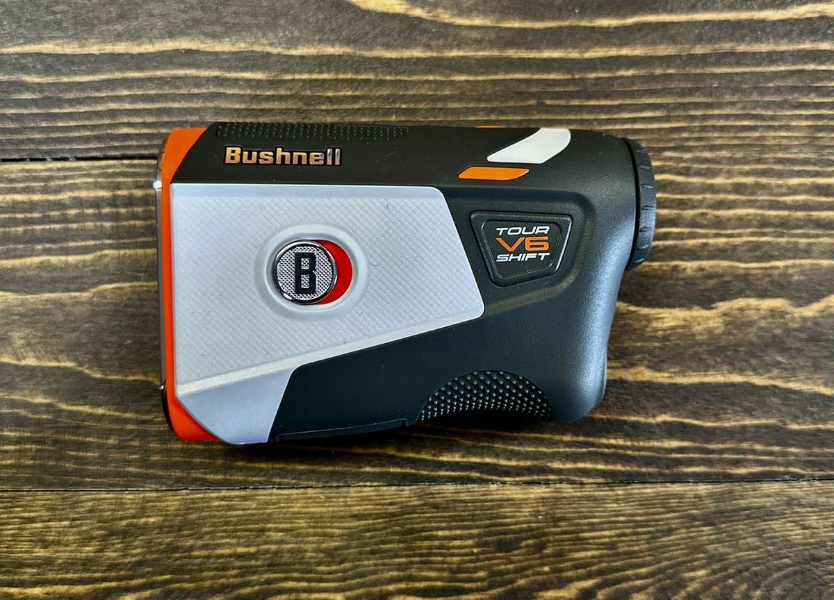 Bushnell Tour V6 Shift rangefinder with PinSeeker technology engaged on golf pin