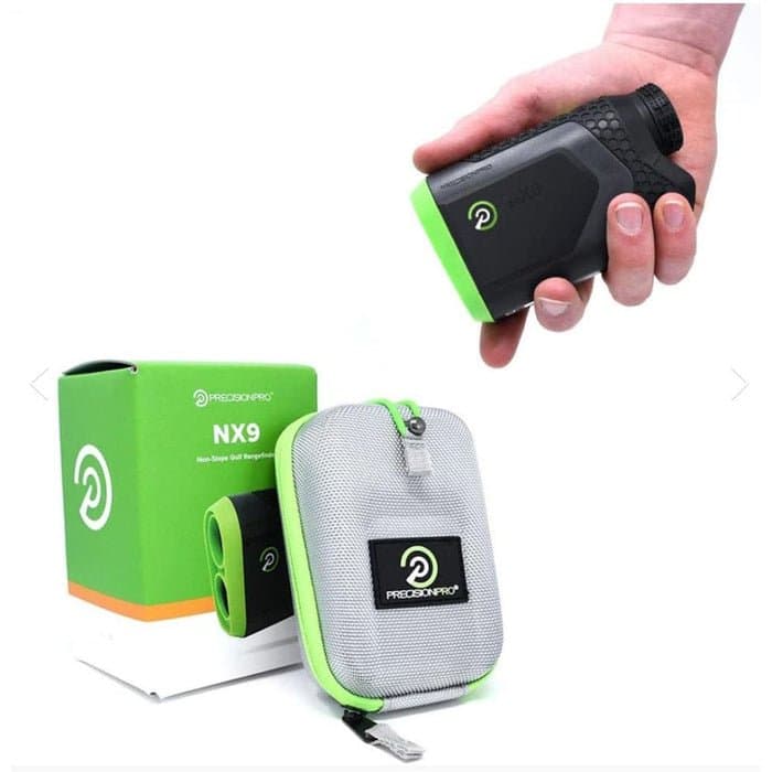 Precision Pro NX9 rangefinder showing slope-adjusted distance on golf course