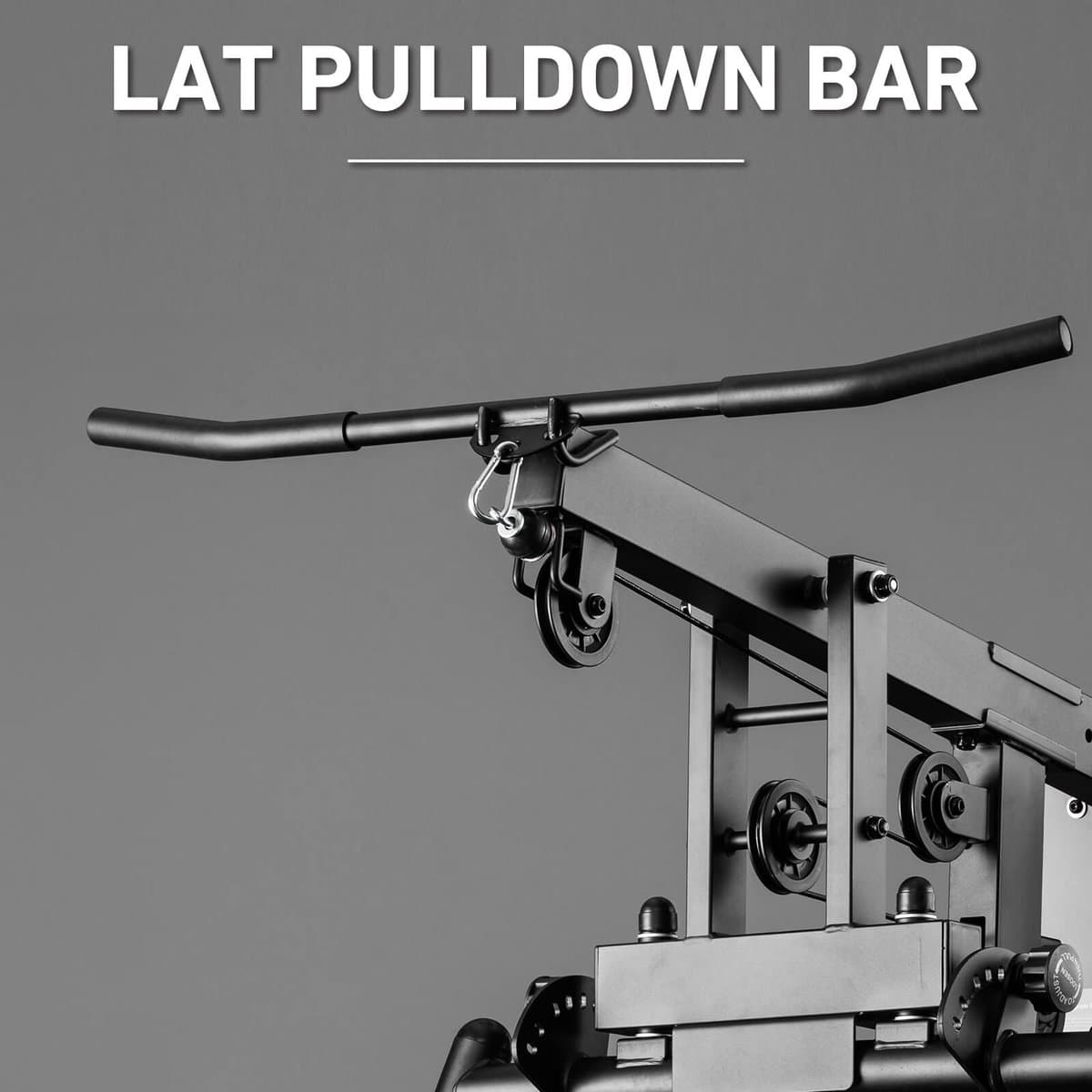 Multi-station home gym with lat pulldown and various exercise positions