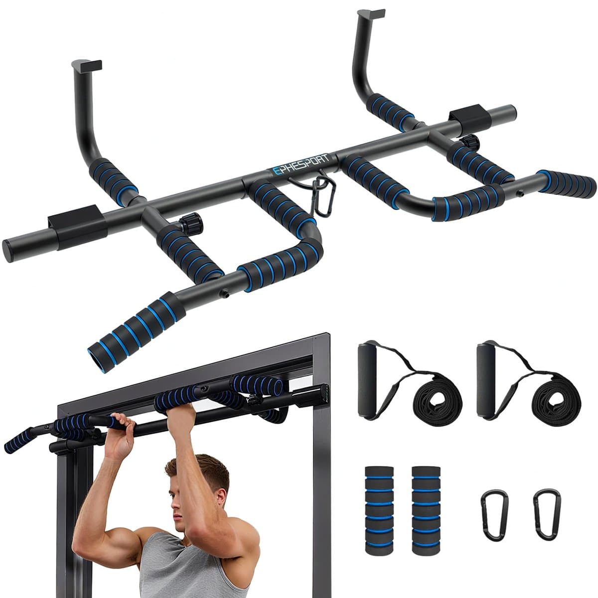 Pull-up bar mounted in doorway with resistance bands attached