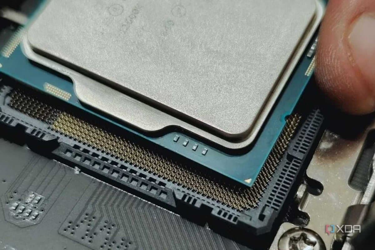 Various CPUs scattered on a motherboard with empty socket spaces highlighting the shortage