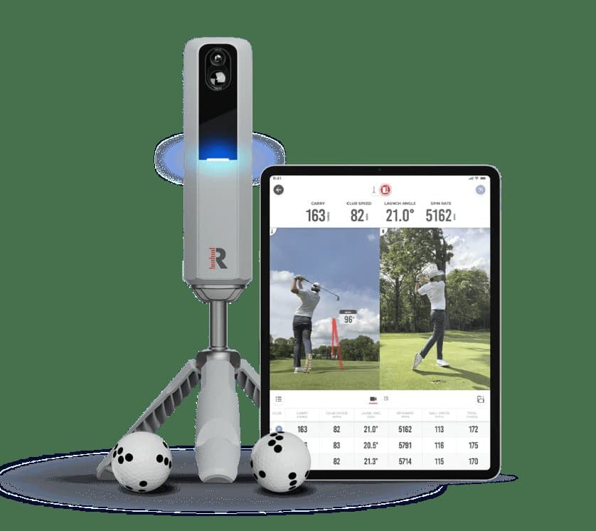 Rapsodo MLM2PRO launch monitor on tripod with smartphone app display showing shot data
