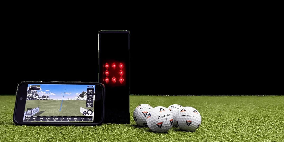 Square Golf Launch Monitor compact device with built-in display showing launch metrics