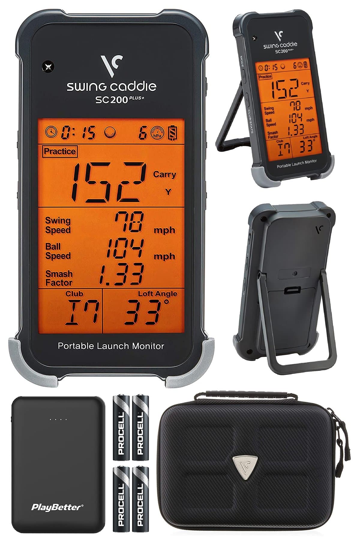 Swing Caddie SC200 PLUS launch monitor with simple LCD display showing distance and speed readings