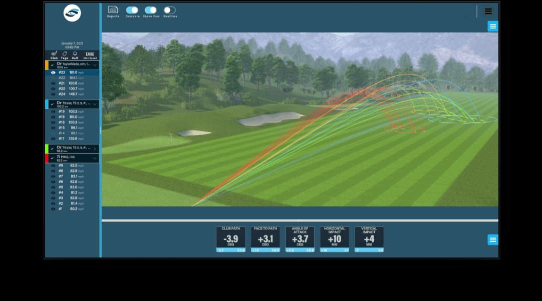 FSX software showing detailed ball flight analysis and 3D course visualization