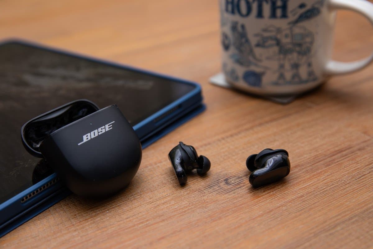 Bose QuietComfort Ultra Earbuds with transparency mode activated showing premium build quality