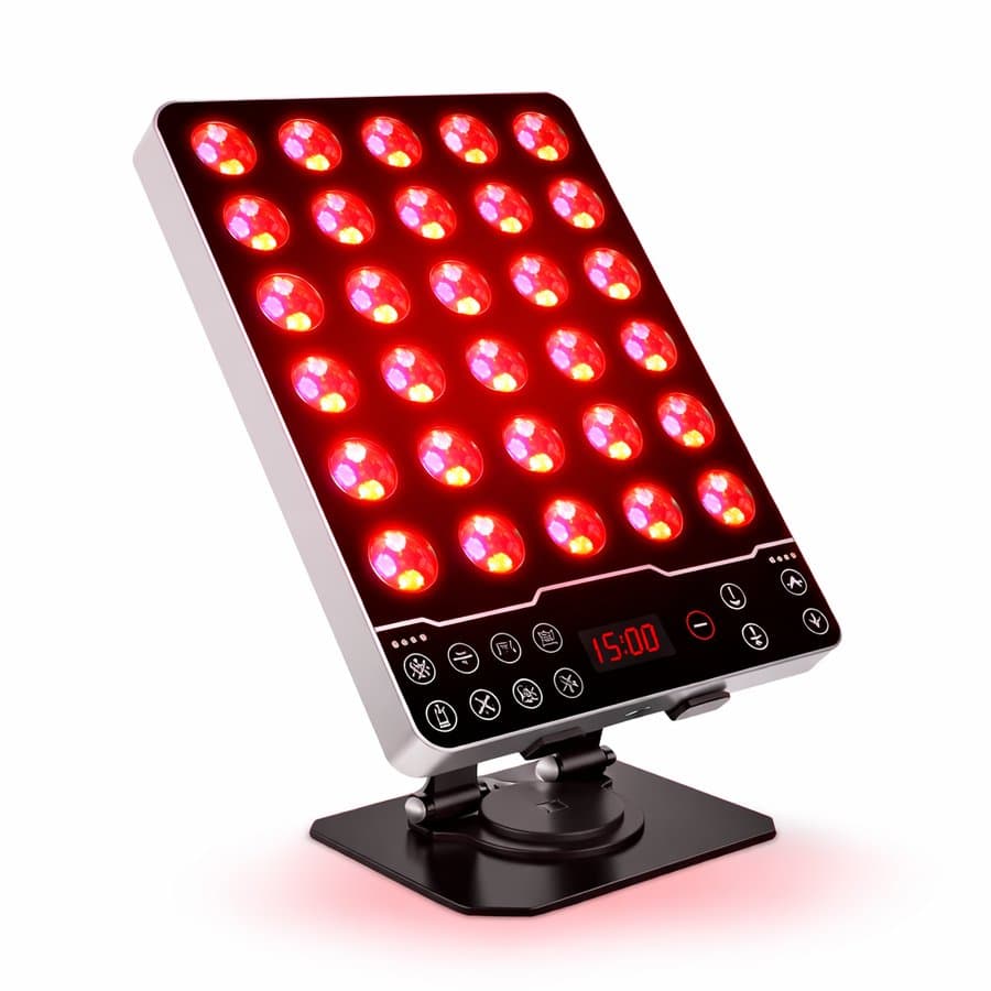 Compact desktop red light therapy panel with timer controls