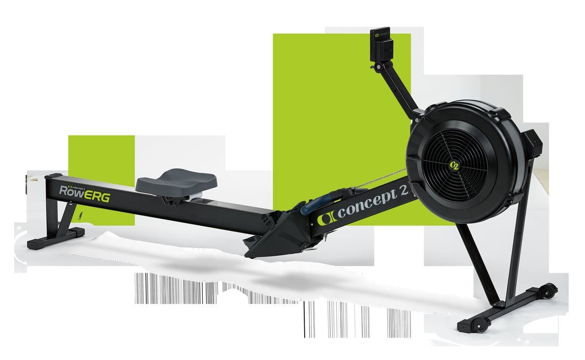 The black Concept2 RowErg rowing machine in a home gym setting