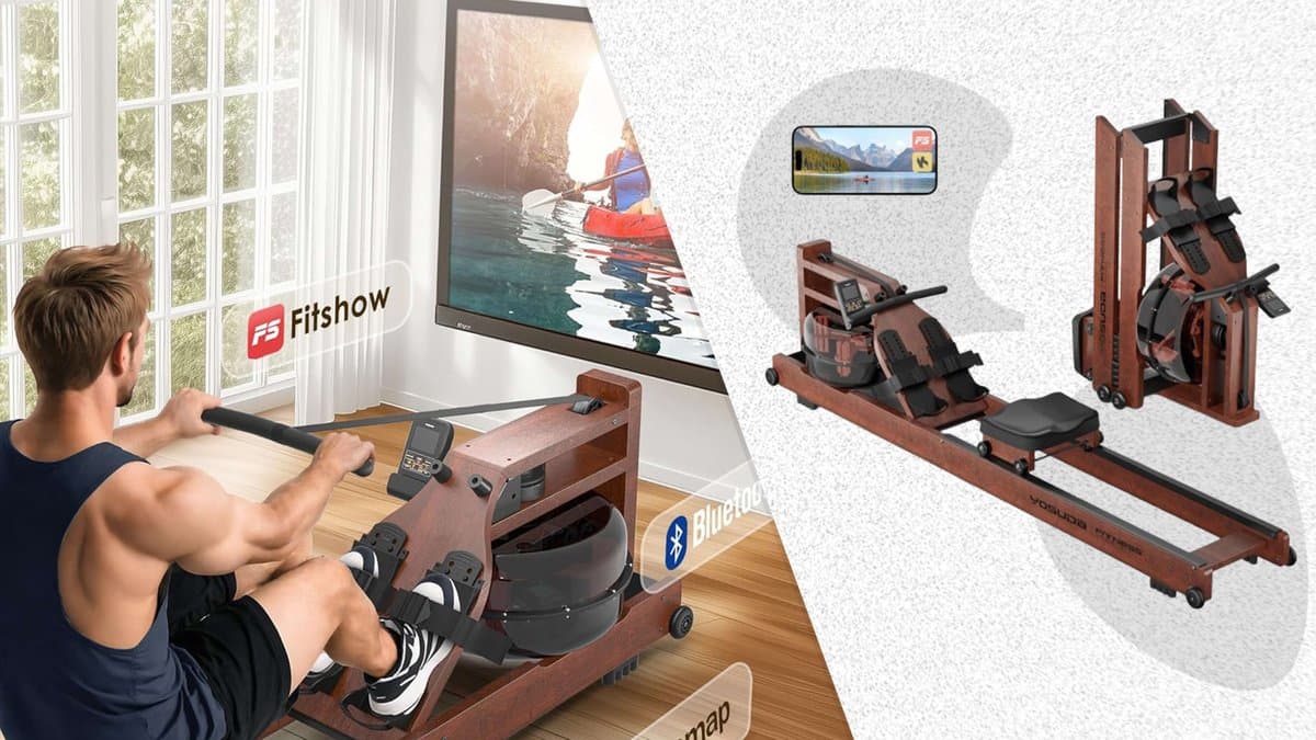 Yosuda water rowing machine showcasing its wooden frame and water tank