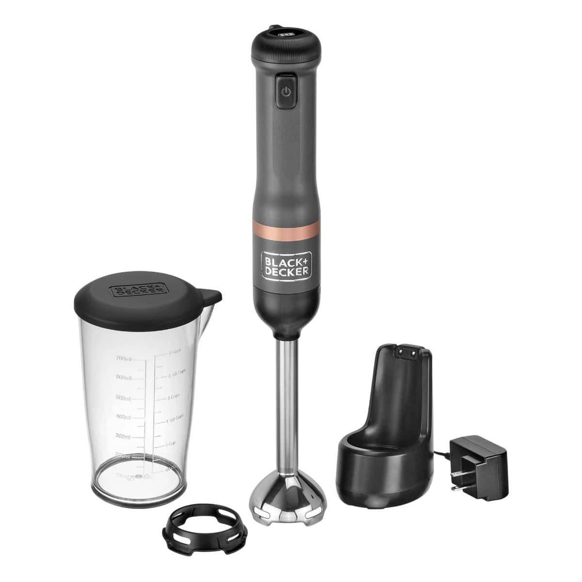 Cordless immersion blender with various attachments and charging base
