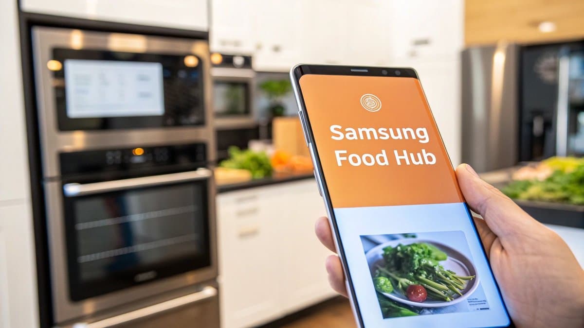 Samsung smart kitchen scale with ingredients and smartphone app