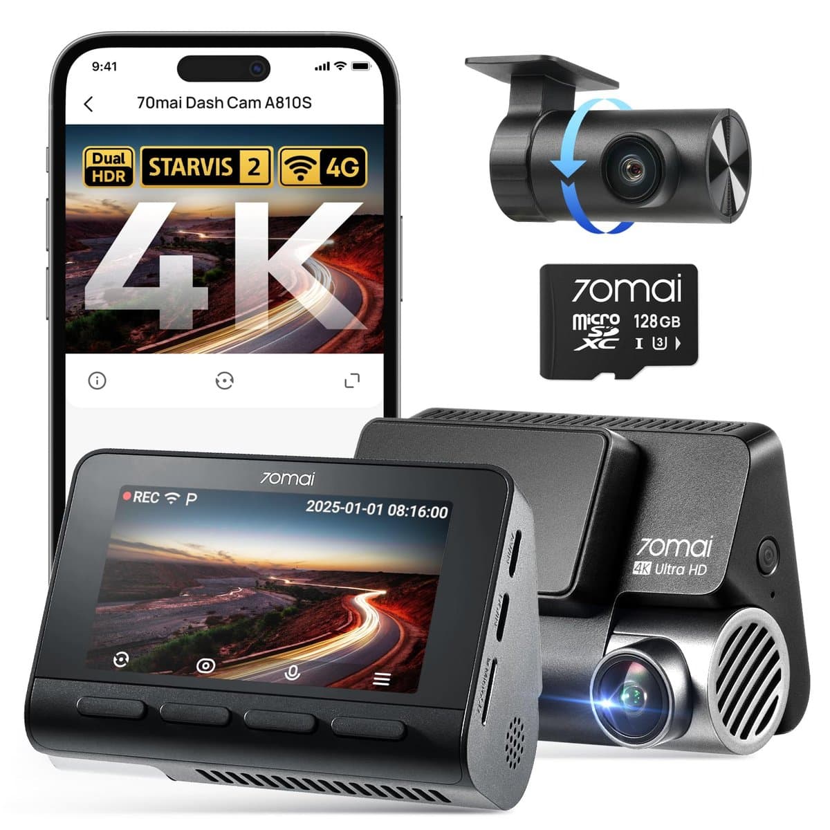70mai A810 dash cam showing 4K night vision footage on dashboard display