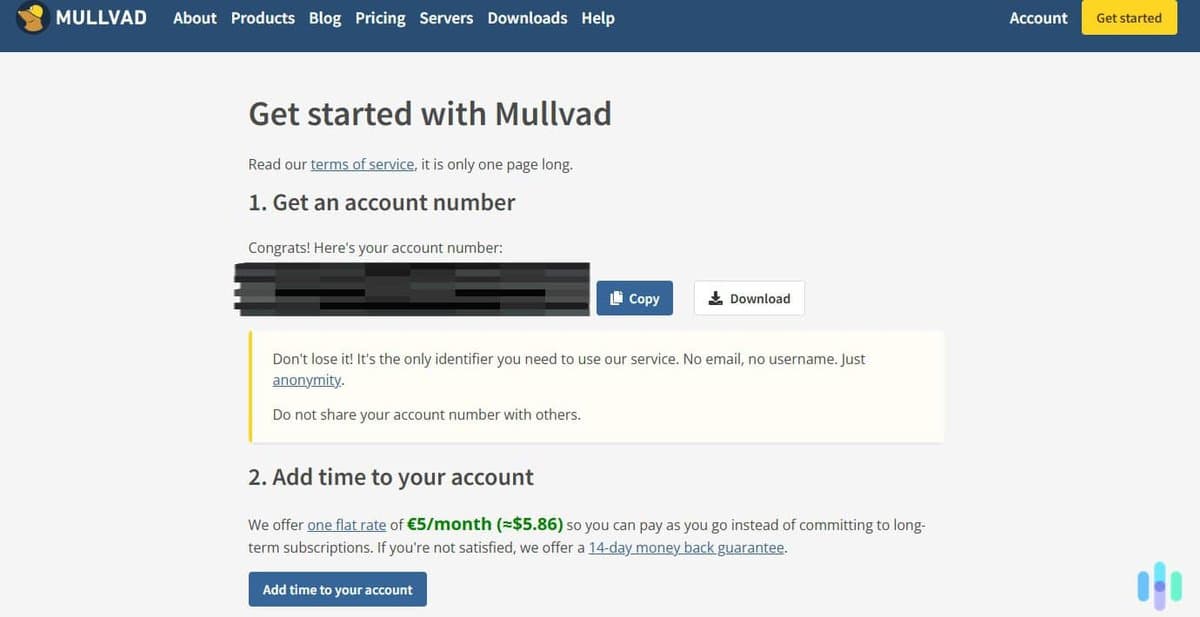 Mullvad VPN interface showing account number system and privacy-focused features