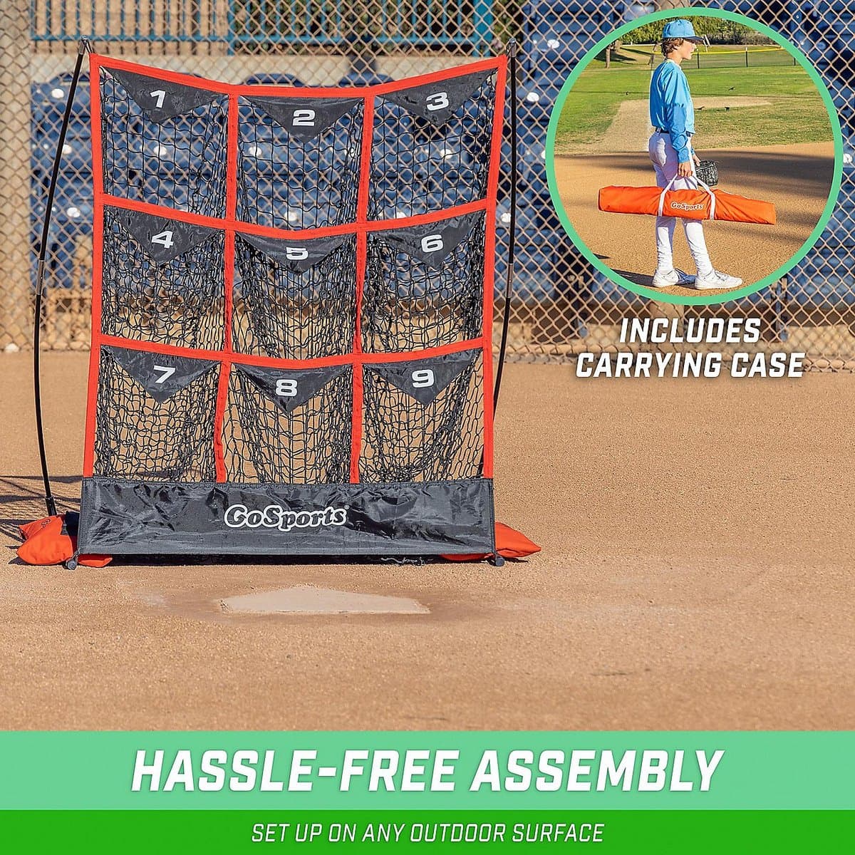 Large pitching net with strike zone frame and target areas marked for accuracy training